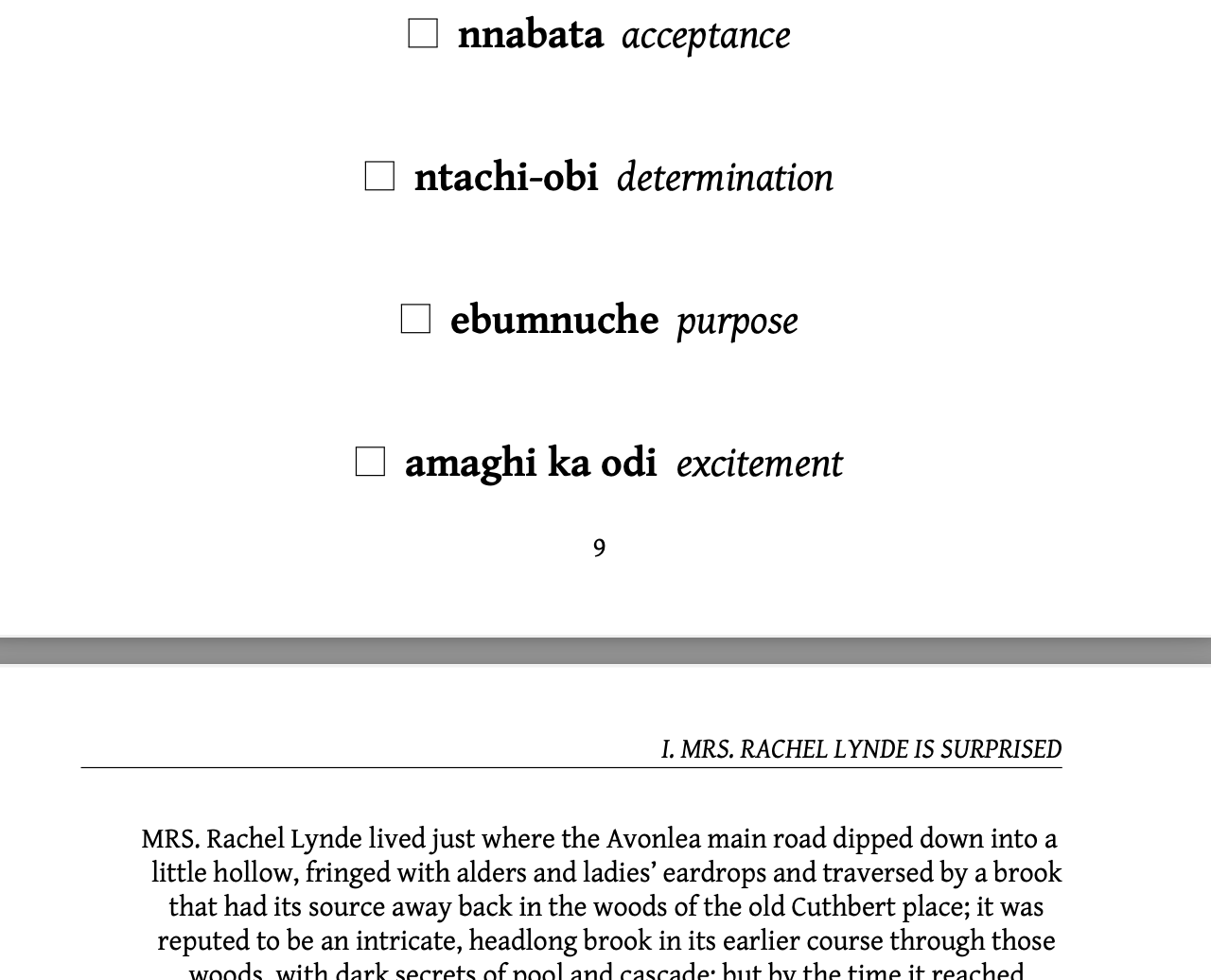 Okwu-Mkpa: Anne of Green Gables: English: Igbo