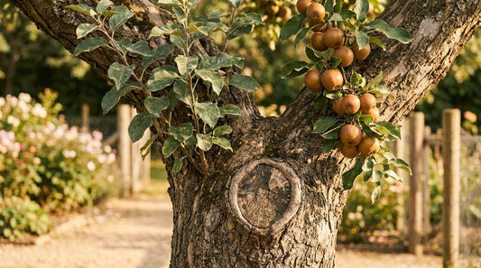 Two living branches from one trunk, with a healed scar between them