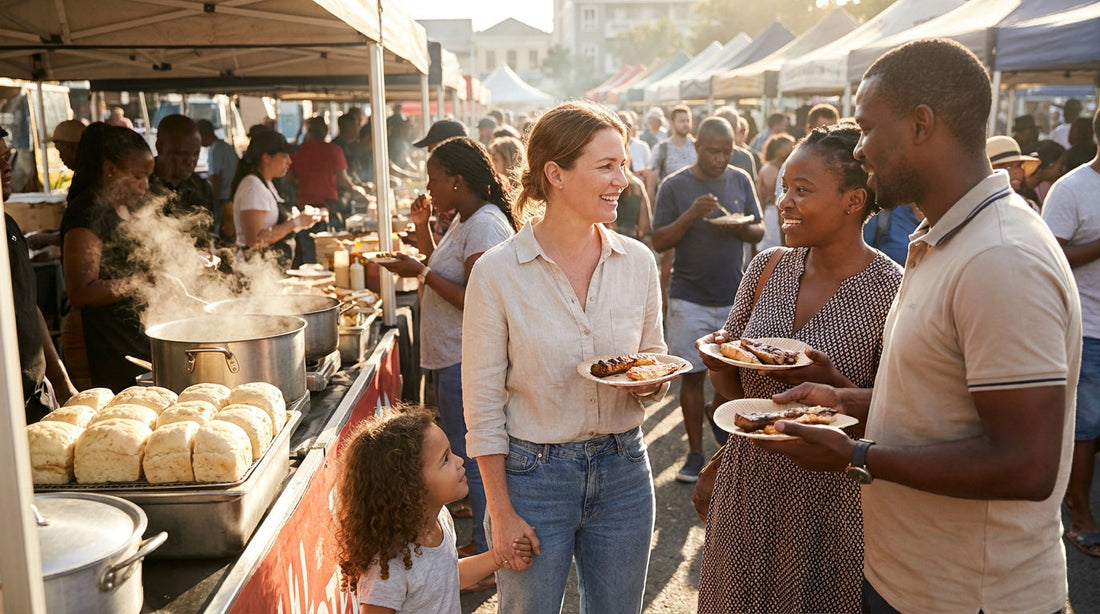 A woman and her daughter talking with two friends over food at a busy outdoor food festival