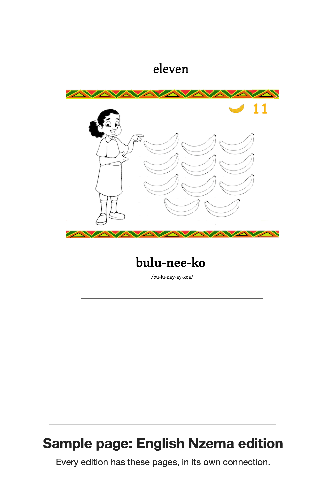 Sample page from the English Nzema edition. Every edition has these pages, in its own connection.