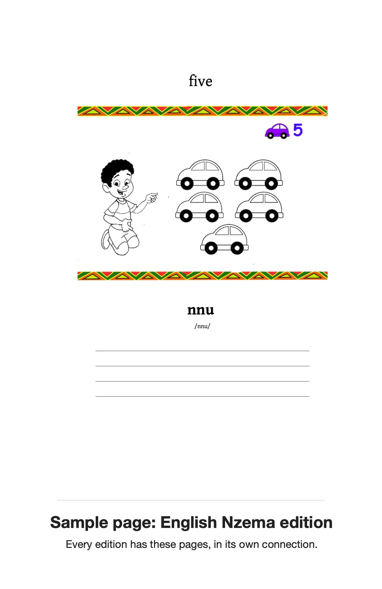 Sample page from the English Nzema edition. Every edition has these pages, in its own connection.