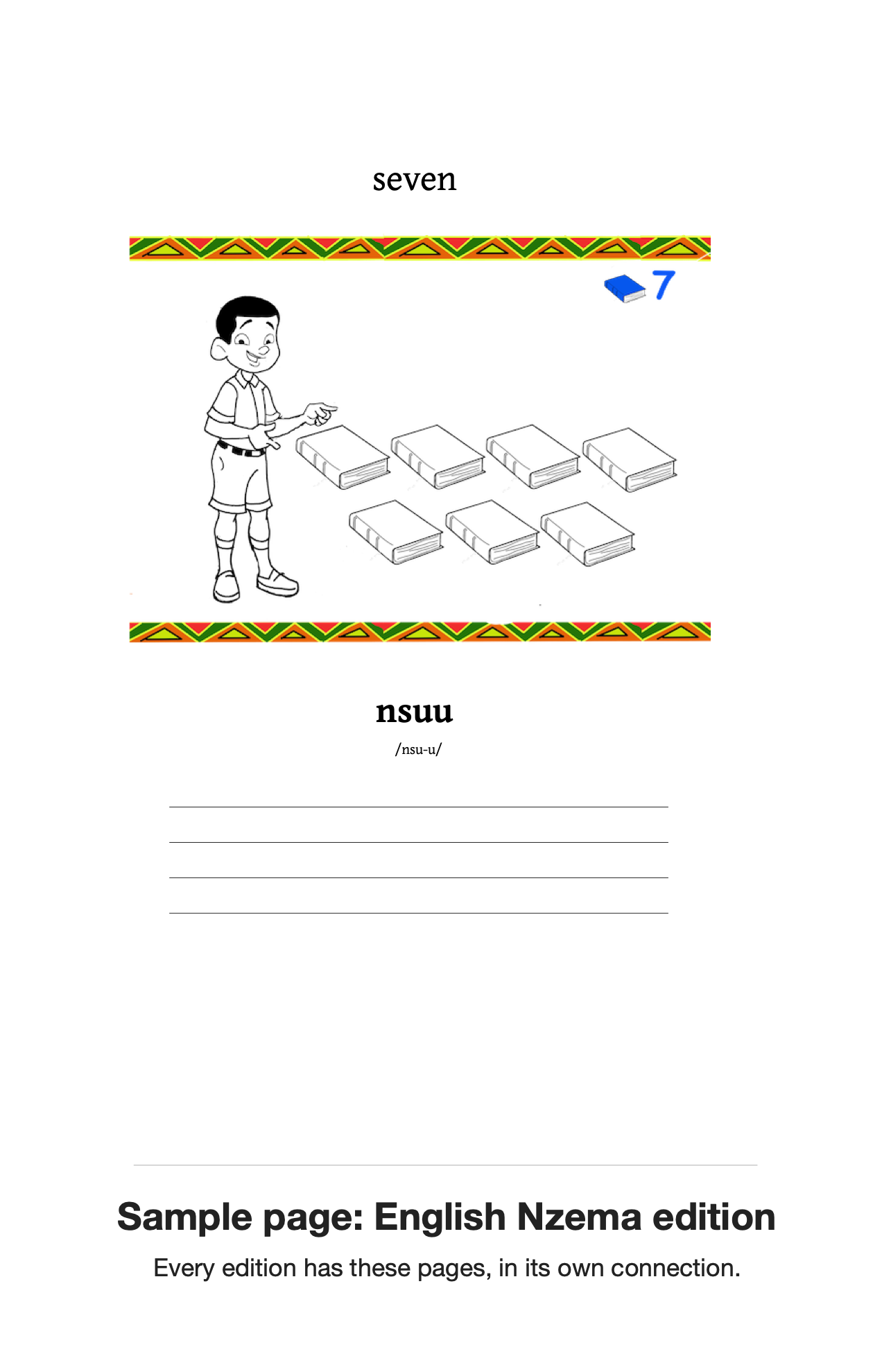 Sample page from the English Nzema edition. Every edition has these pages, in its own connection.
