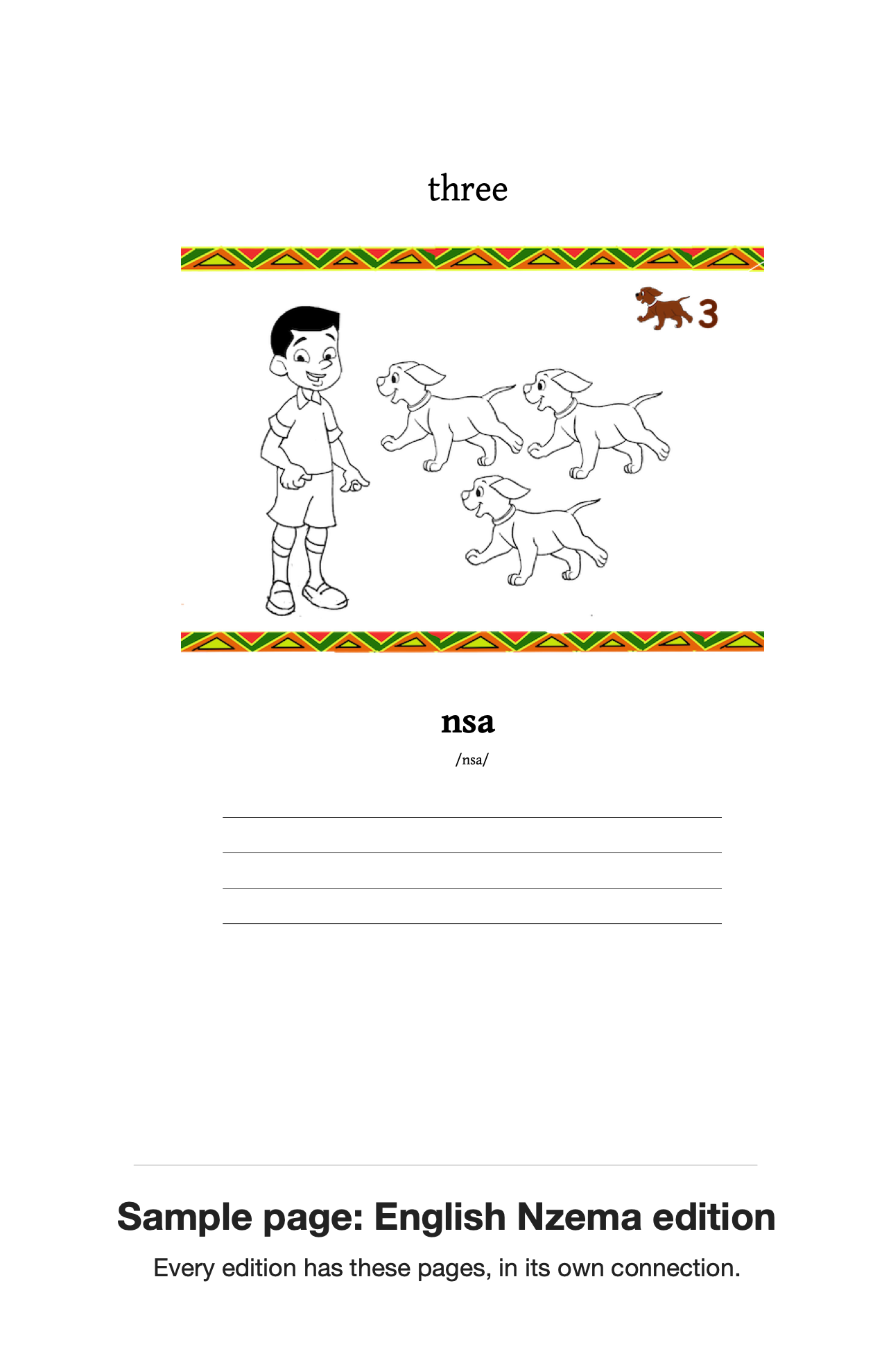 Sample page from the English Nzema edition. Every edition has these pages, in its own connection.