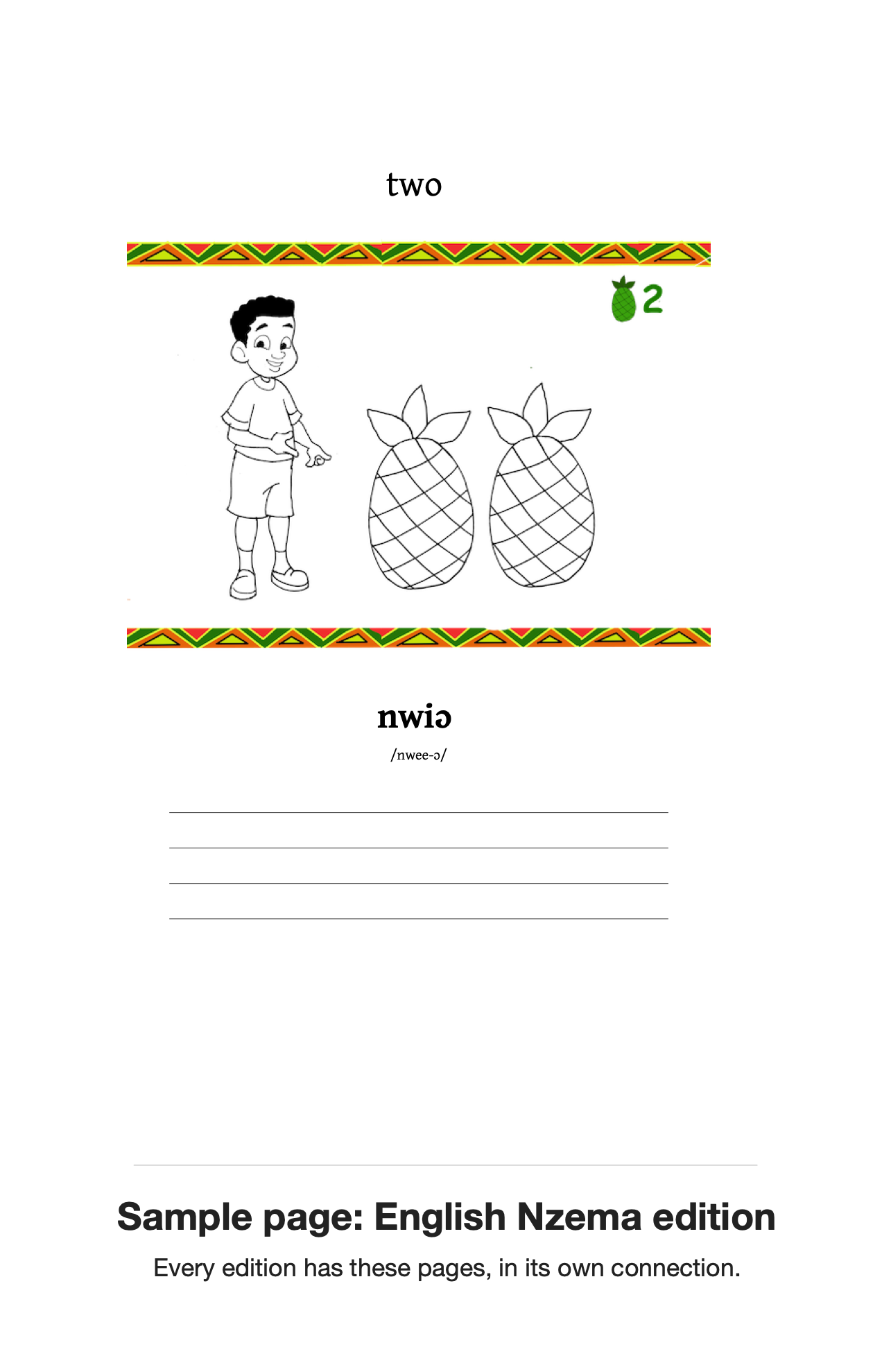 Sample page from the English Nzema edition. Every edition has these pages, in its own connection.