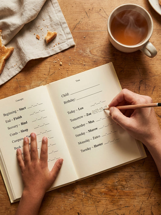 Two hands write a date in a plain black-and-white book
