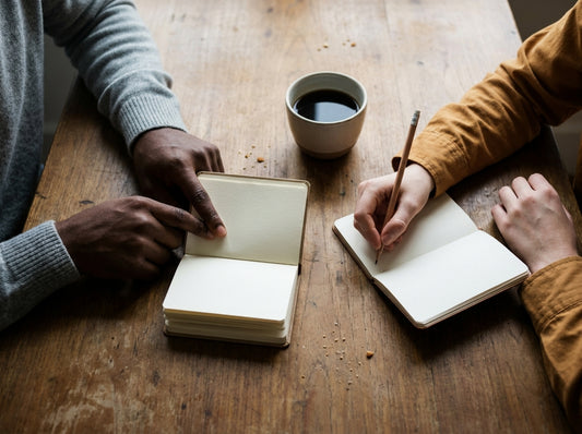 A dark-skinned man points to a small guide book while a light-skinned woman writes in her own notebook.